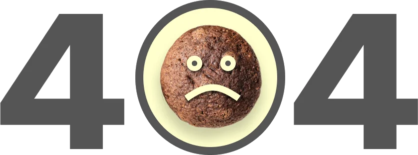 404 error page with a sad brown cookie-like face in a circle between the numbers.