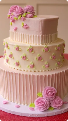 A three-tiered cake decorated with pink roses and green leaves on a light pink and cream background.
