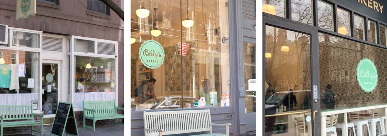 Exterior view of all three Billy's Bakery locations , featuring its distinctive mint green signage with 'Billy's BAKERY' logo, large display windows showing baked goods and interior, and outdoor seating with green and cream benches.