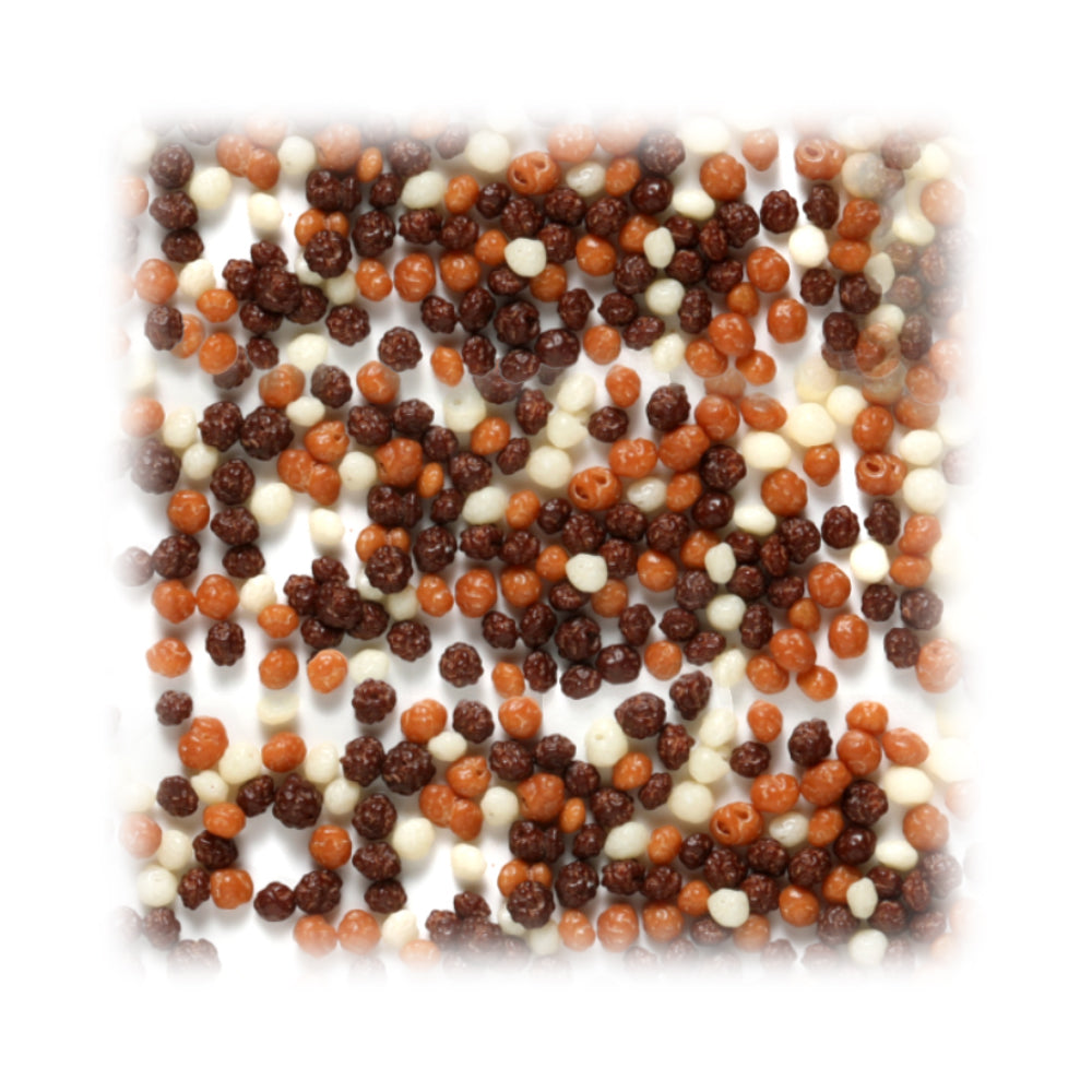 Mona Lisa Mini Chocolate Crispearls in dark, milk, and white chocolate varieties, featuring a mix of miniature pearls with crunchy, toasted biscuit centers.