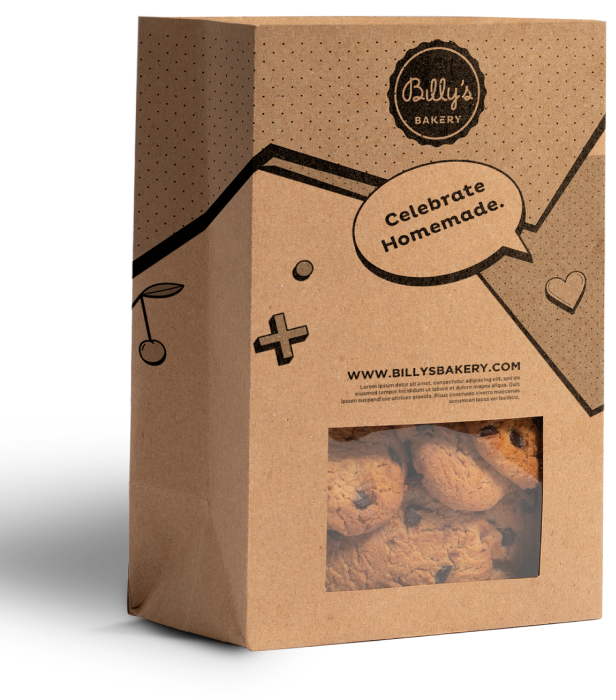 Kraft paper bakery bag with clear window showing chocolate chip cookies, featuring 'Billy's Bakery' logo and 'Celebrate Homemade' slogan, and 'WWW.BILLYSBAKERY.COM' URL.