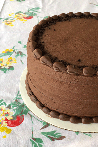 A chocolate cake with chocolate buttercream frosting, on a plate with a floral pattern in the background.