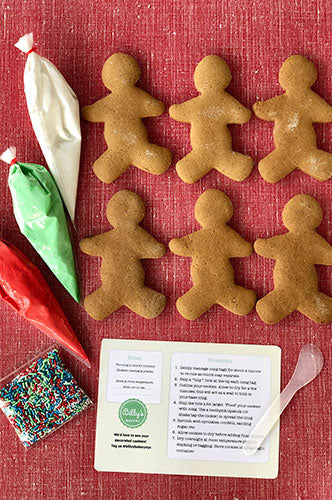 A variety of hand-cut sugar cookies in different shapes, with piping bags of royal icing and a mini spatula, displayed on a red surface with an instructional card.
