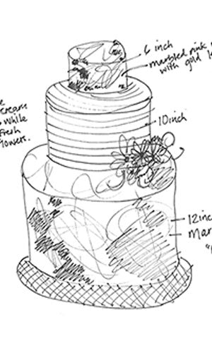 A hand-drawn sketch of a three-tiered wedding cake and a sheet cake. The top tier is 6-inch fondant, marbled pink and white with gold leaf trimming. The middle tier is 10-inch ombre buttercream, pink to white, with fresh flowers. The bottom tier is 12-inch marbled fondant, Pink & White.