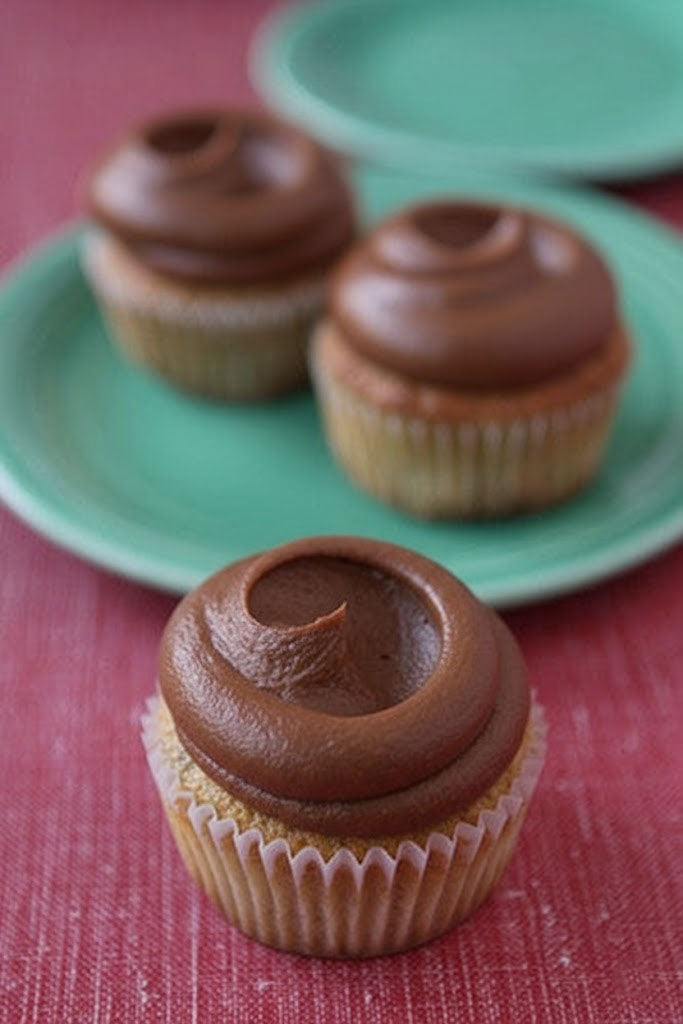 Cupcakes with chocolate frosting on a green plate against a red background