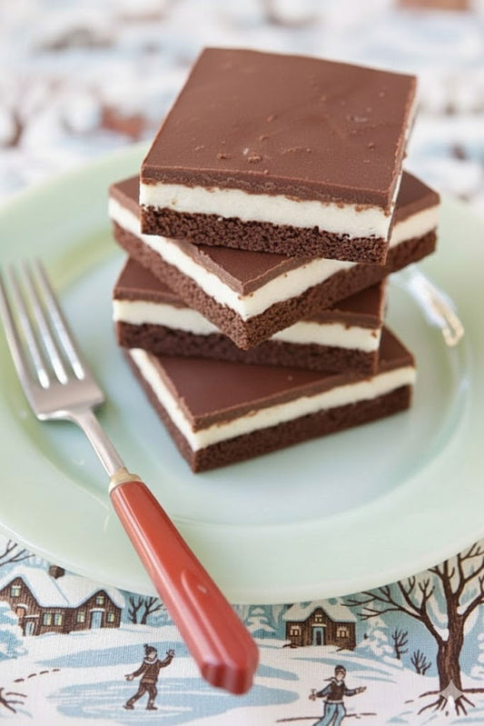 Stack of chocolate layered dessert bars on a plate with a fork, on a decorative tablecloth.