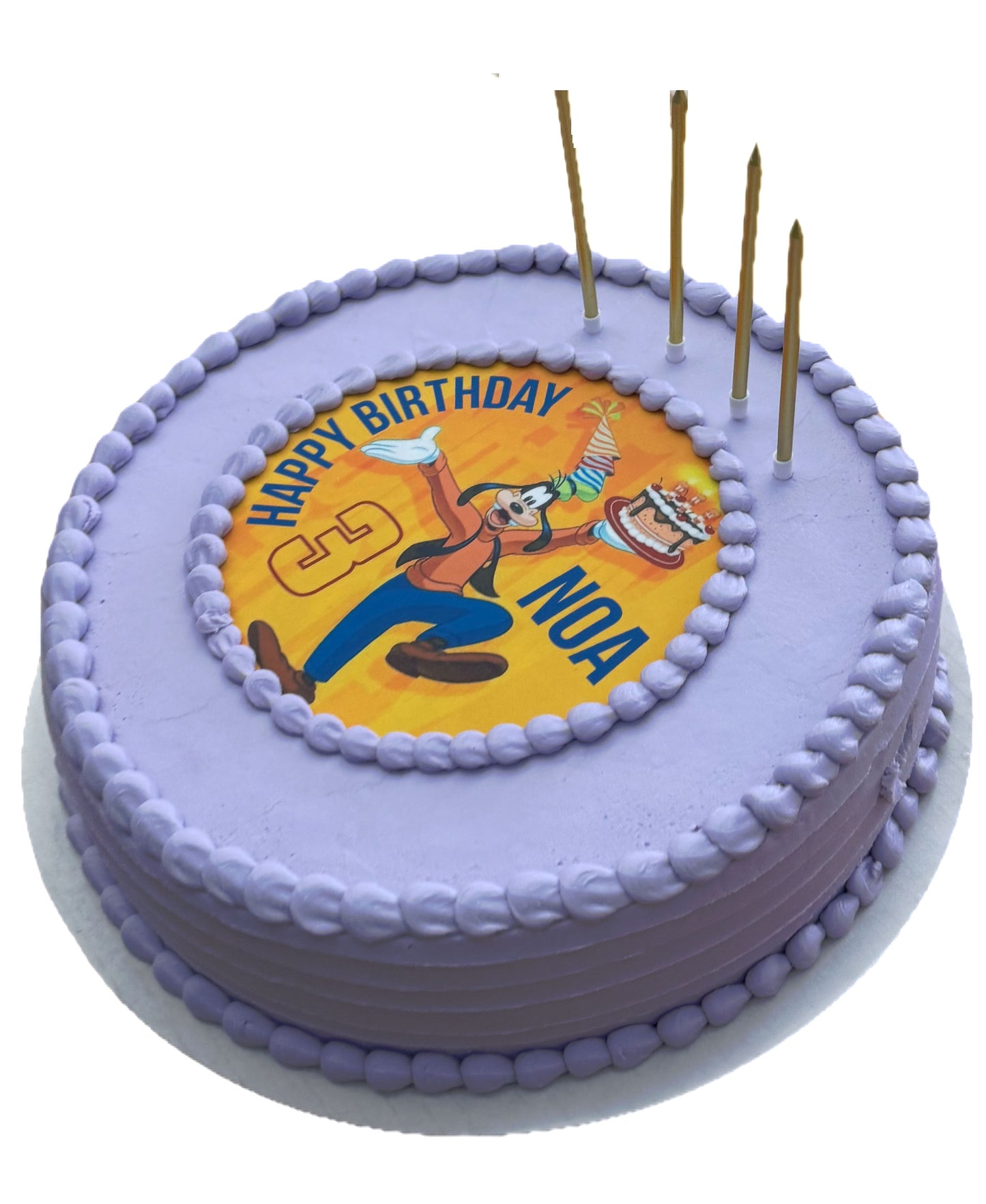 Birthday cake with purple frosting, 'Happy Birthday Noa' topper, and candles on a white background