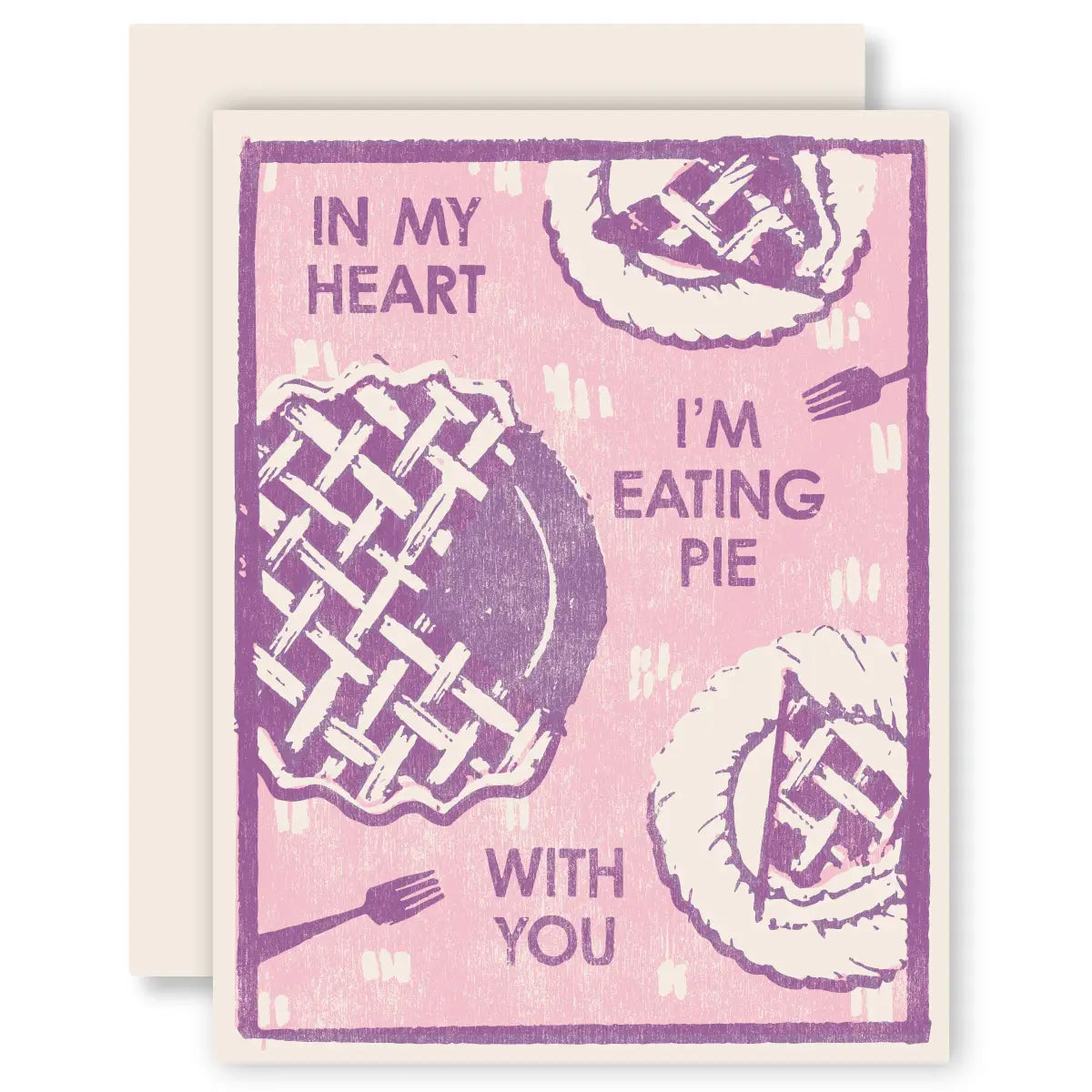 Greeting card with pie illustrations and romantic text on a pink background