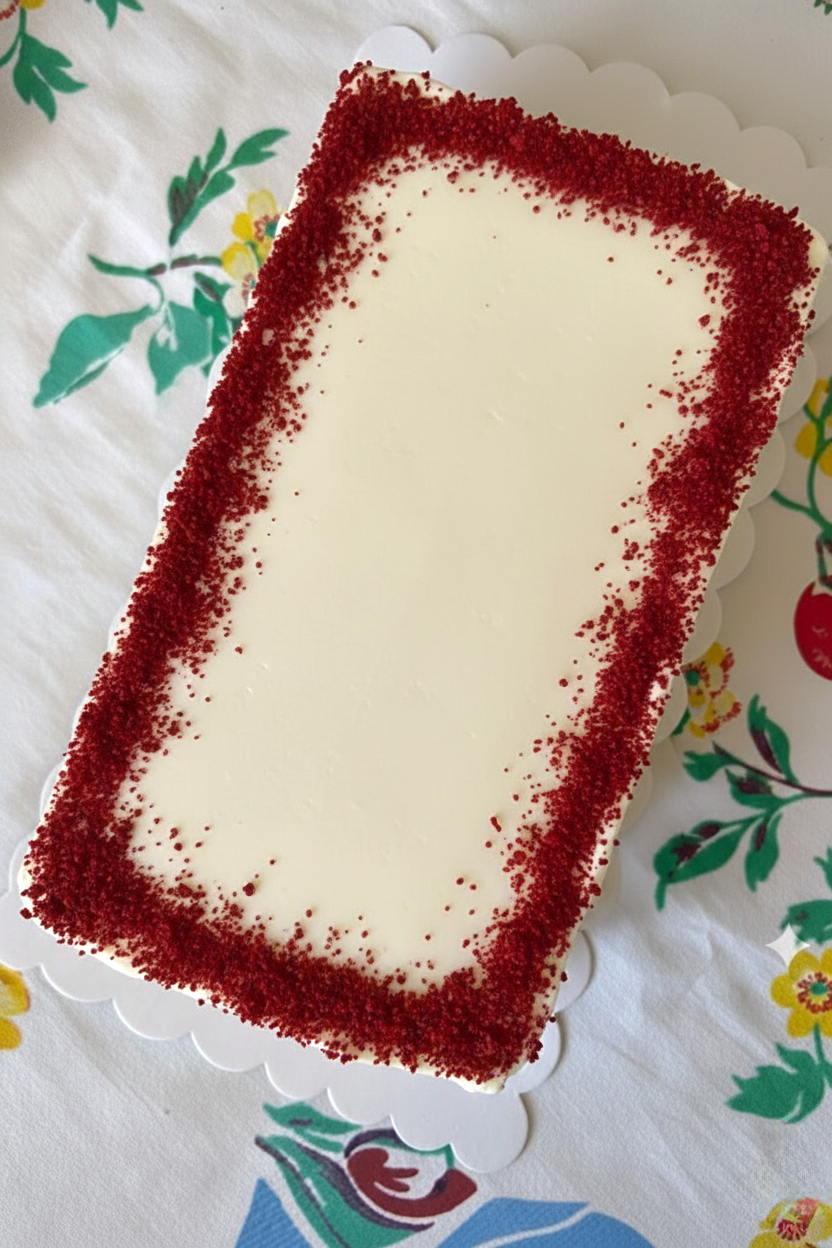 Rectangular cake with red velvet crumb coating on a floral tablecloth