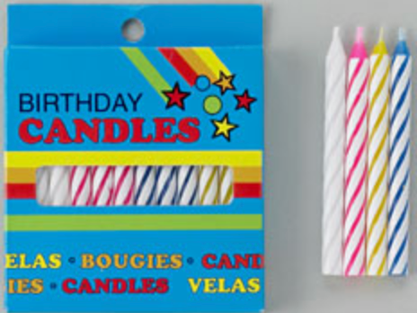 Packaged birthday candles with colorful stripes next to the packaging.