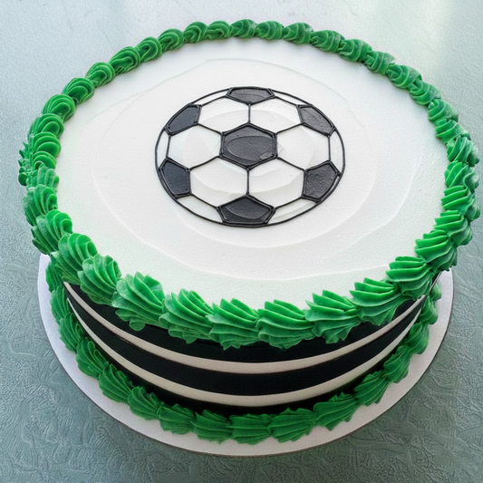 Round cake with a soccer themed drawing and black and white stripes on the sides. 