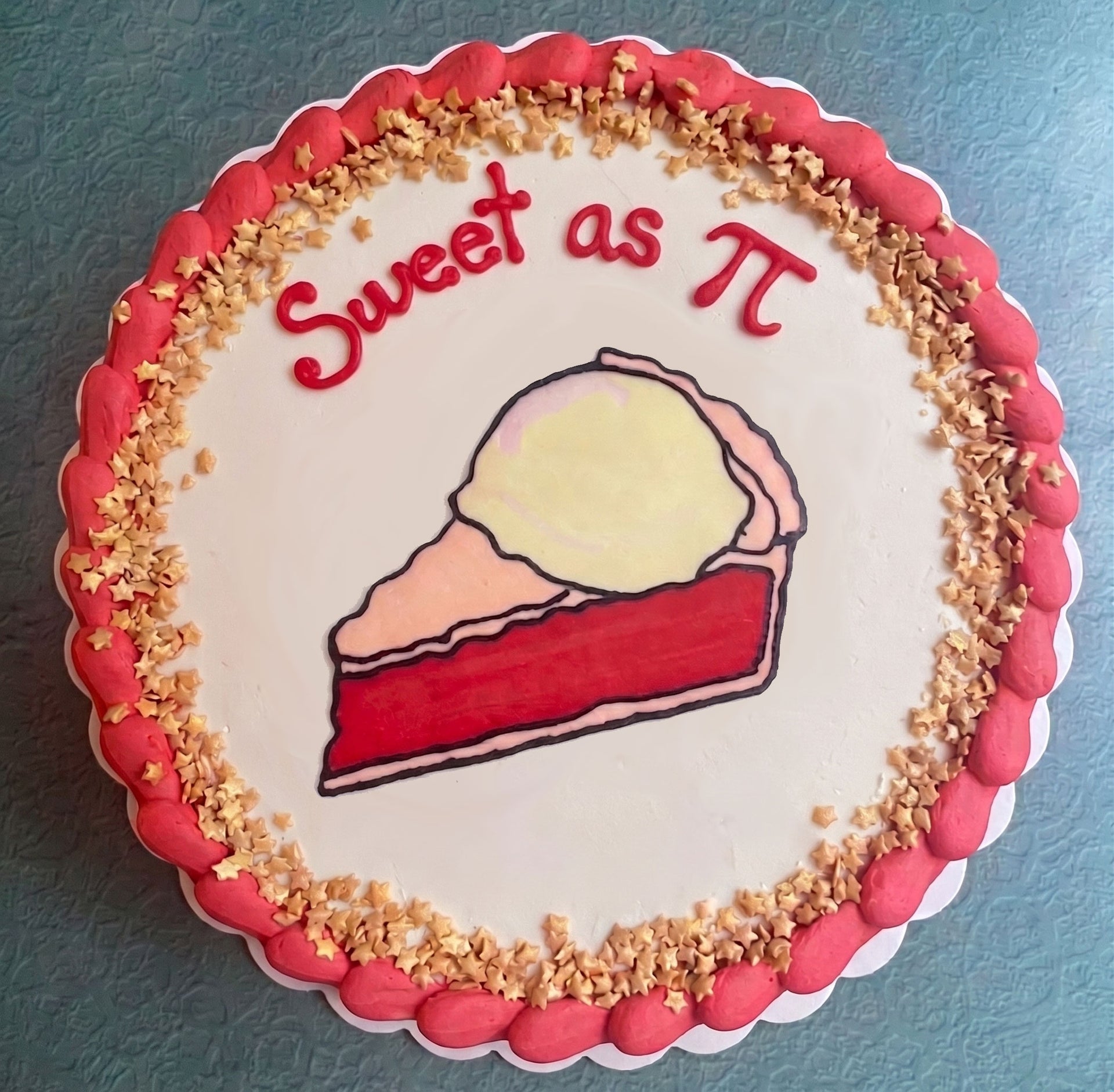 Cake with a slice of pie and 'Sweet as Pi' text on a blue background