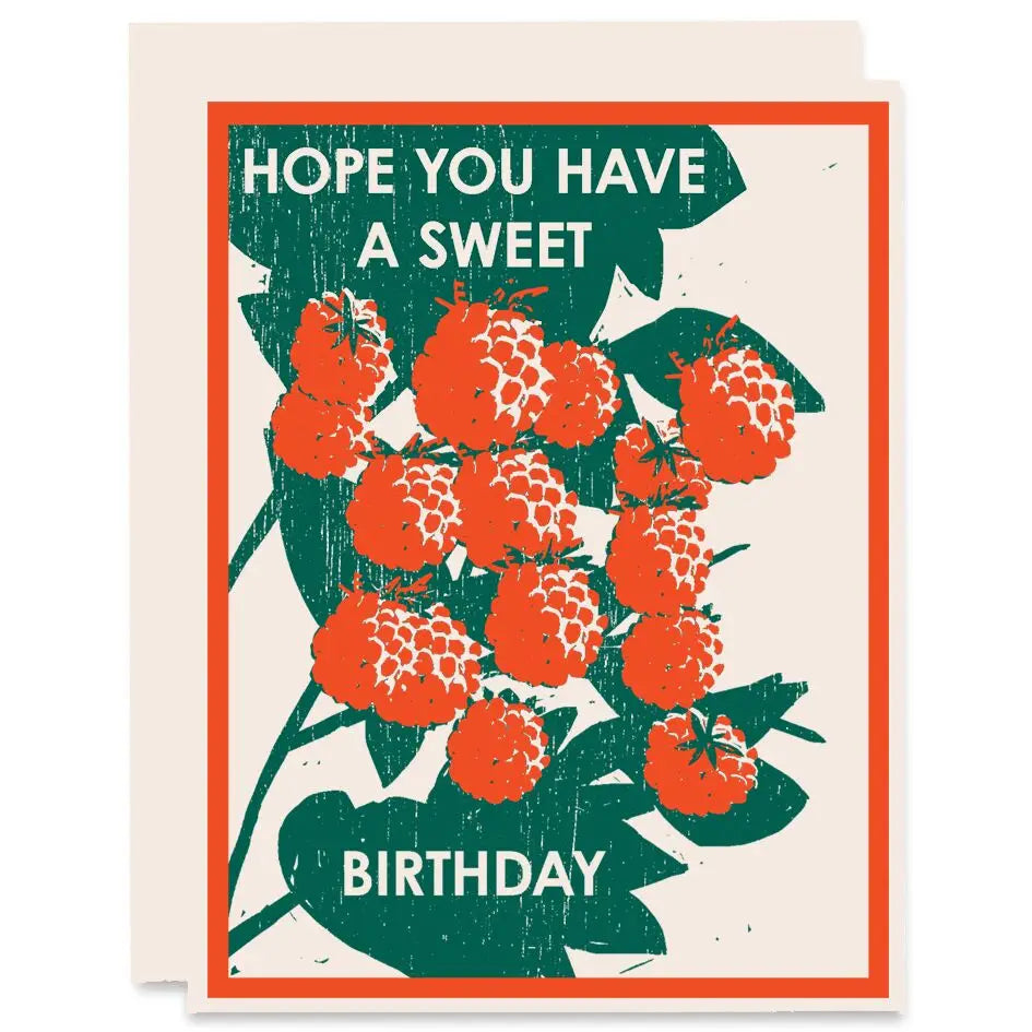 Greeting card with red berries and text 'Hope you have a sweet birthday' on a beige background