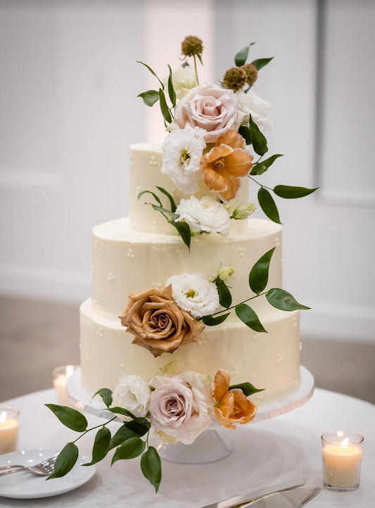 Three-tiered wedding cake decorated with flowers and greenery on a white background