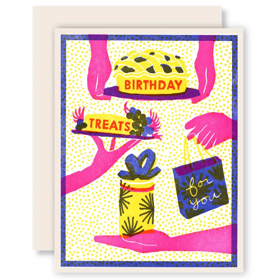 Colorful birthday card with illustrations of a cake, gift bag, and plant on a white background.